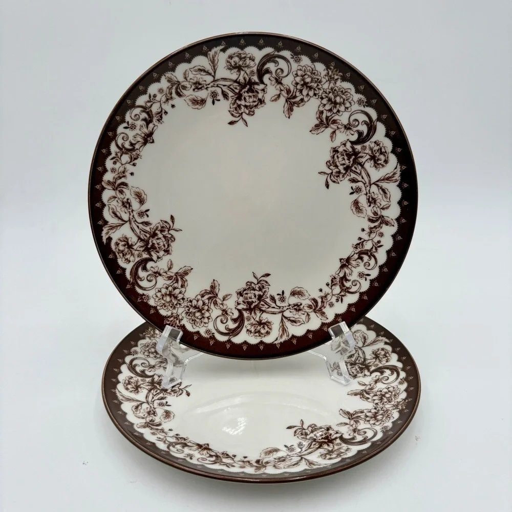Floral Brown Toile Salad Dessert Plates Decorative Border Dinnerware Set Of 2